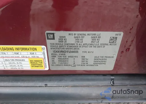 2015 GMC Acadia Slt-1 из США, поврежденный, VIN 1GKKVRKD1FJ344555